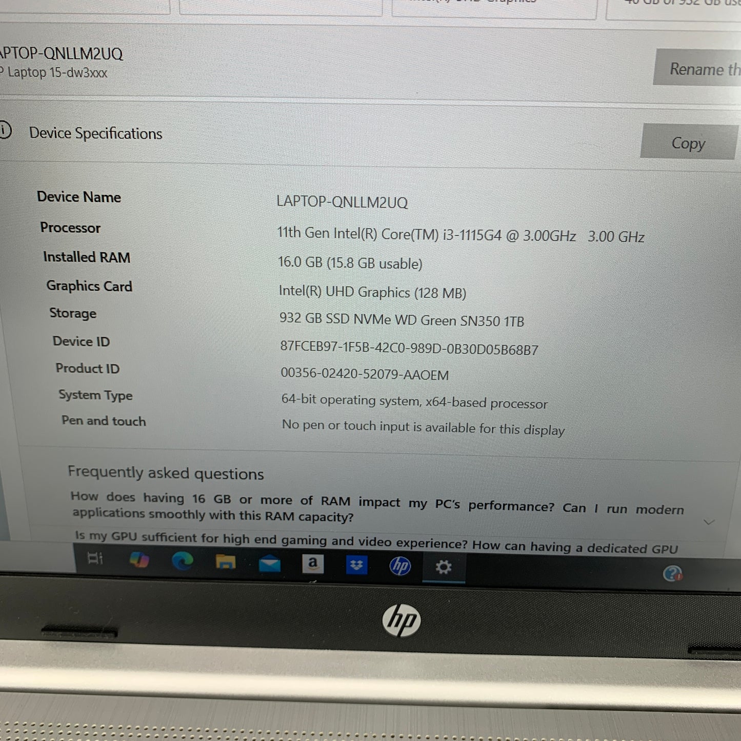 HP Laptop QNLLM2UQ 15.6" i3-1115G4 3.0GHz 16GB RAM 1TB SSD