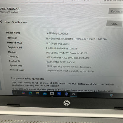 HP Laptop QNLLM2UQ 15.6" i3-1115G4 3.0GHz 16GB RAM 1TB SSD