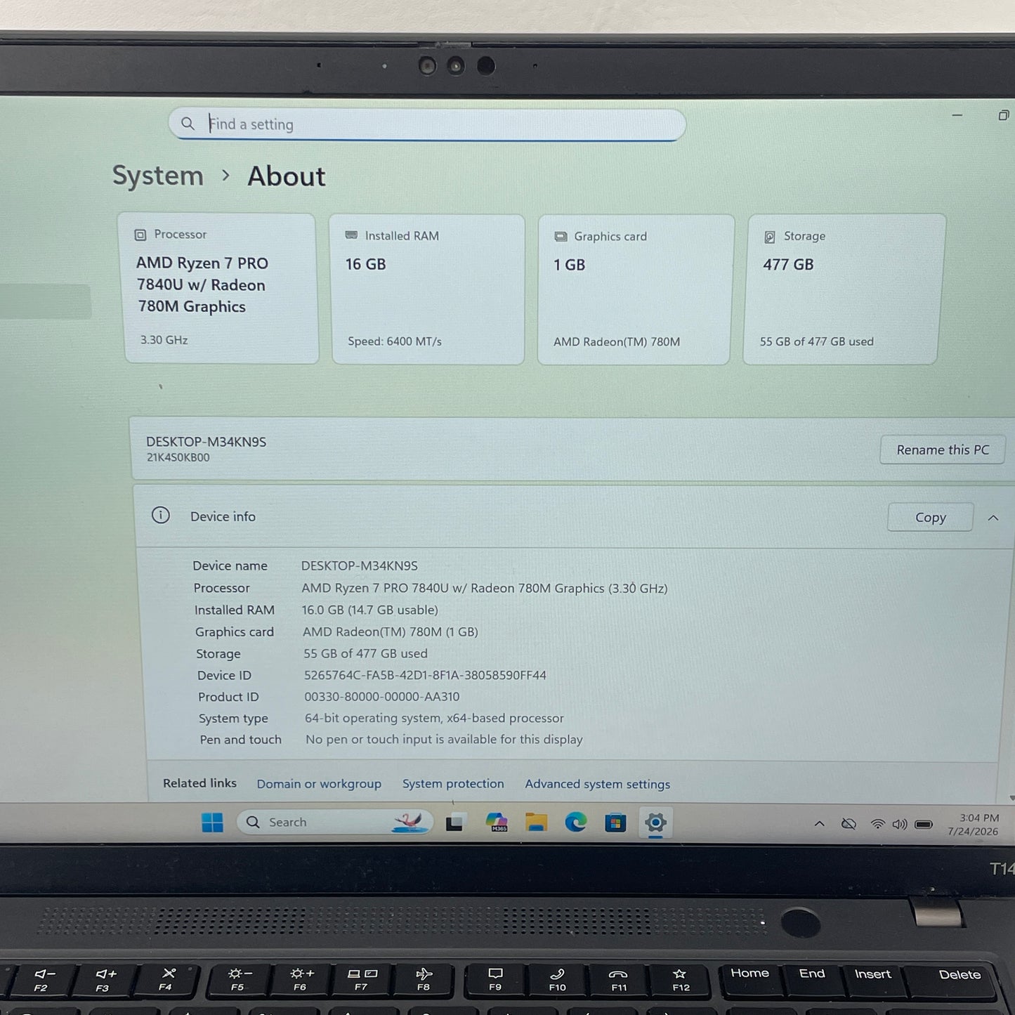 Lenovo ThinkPad T14 Gen 4 14" Ryzen 7 Pro 7840U 3.3GHz 16GB RAM 512GB SSD