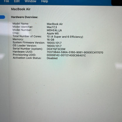 2025 Apple MacBook Air 13" M5 10C GPU 4.6GHz 16GB RAM 512GB SSD MDHE4LL/A