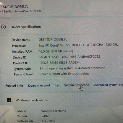 HP Pavilion OOE9L7L 24" i7-10700 2.00GHz 16GB RAM 1TB SSD