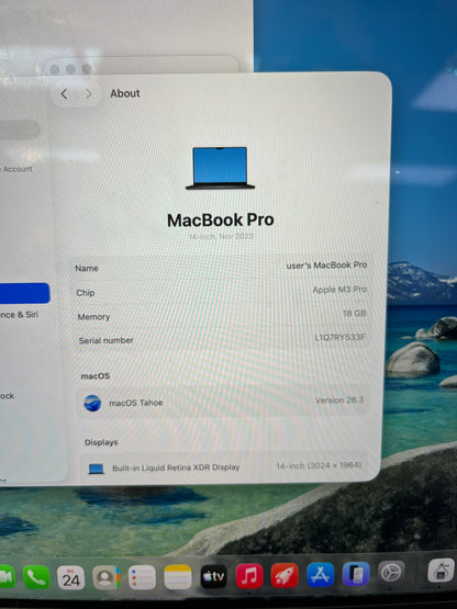 2023 Apple MacBook Pro 14" M3 Pro 14C GPU 4.0GHz 18GB RAM 512GB SSD MRX33LL/A