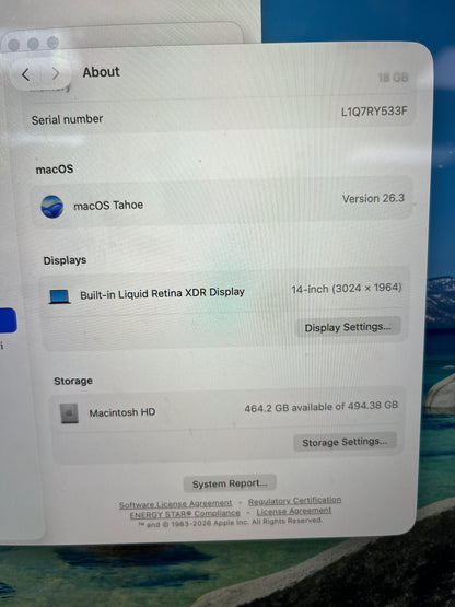 2023 Apple MacBook Pro 14" M3 Pro 14C GPU 4.0GHz 18GB RAM 512GB SSD MRX33LL/A
