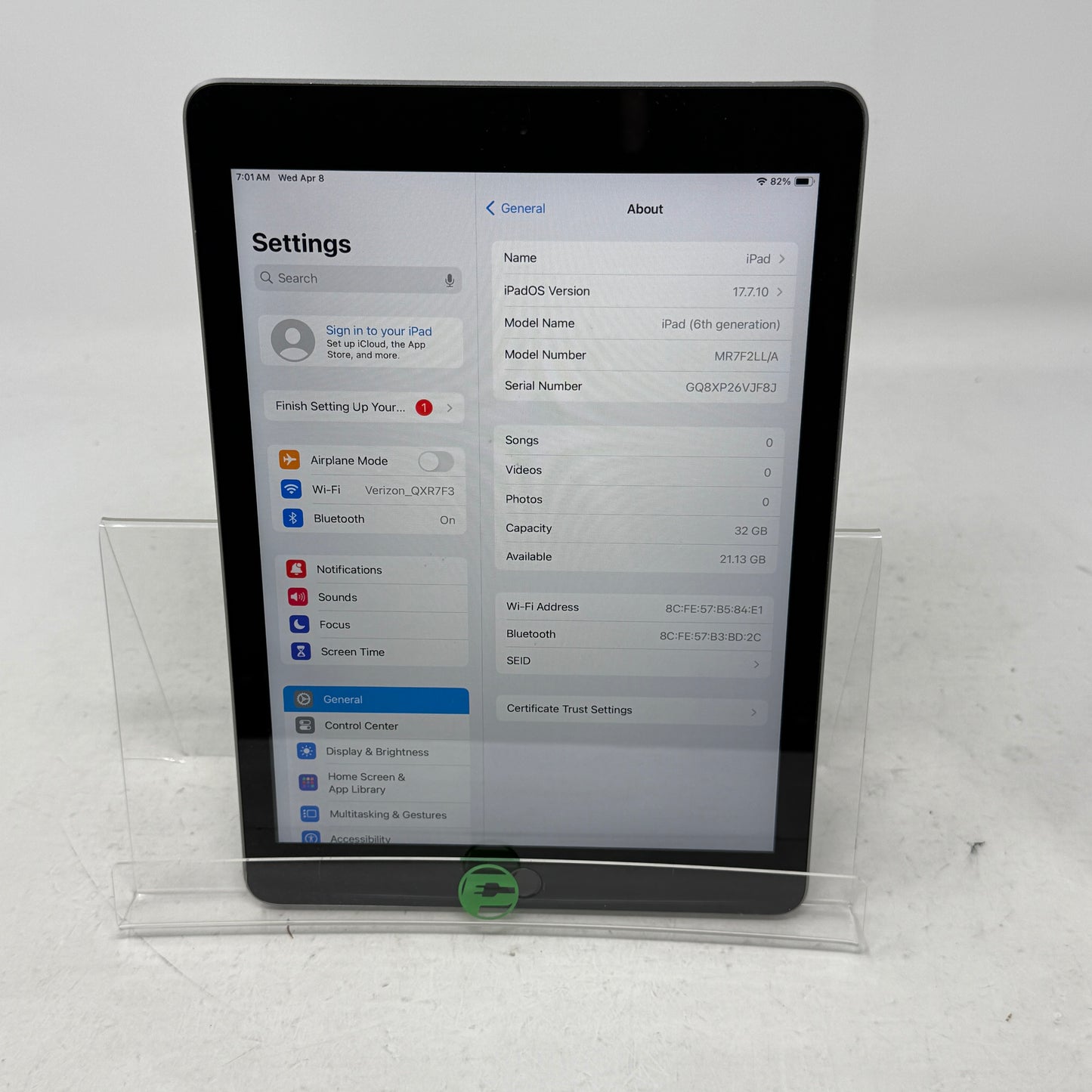 WiFi Only Apple iPad 6th Gen 32GB Silver MR7F2LL/A