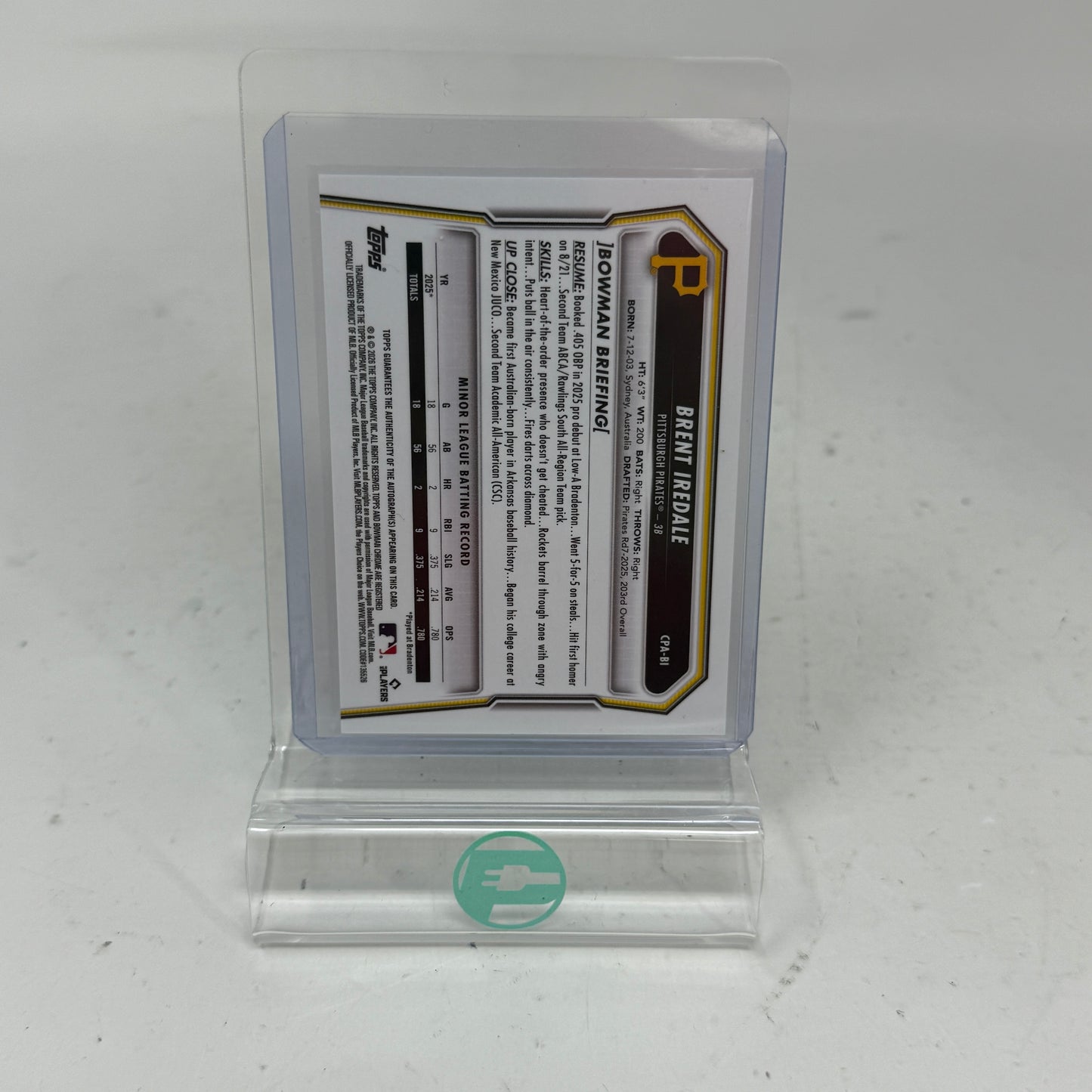 Brent Iredale 2026 Bowman Chrome 1st Autograph Blue Refractor /150 #CPA-BI
