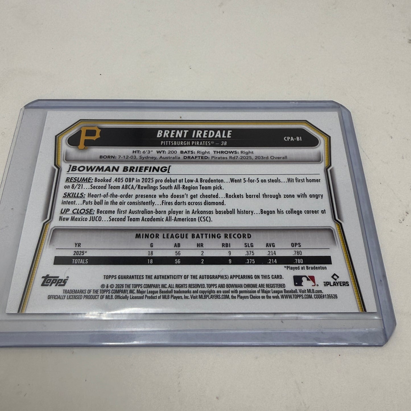 Brent Iredale 2026 Bowman Chrome 1st Autograph Blue Refractor /150 #CPA-BI