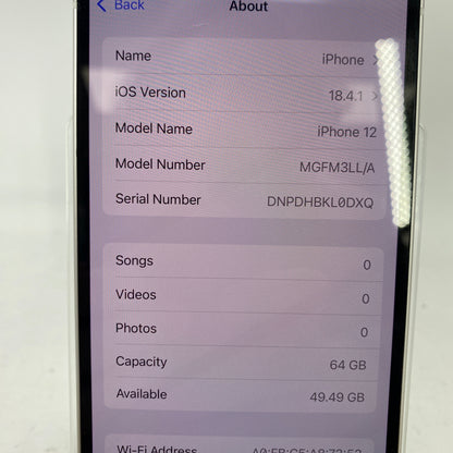 Factory Unlocked Apple iPhone 12 64GB White MGFM3LL/A