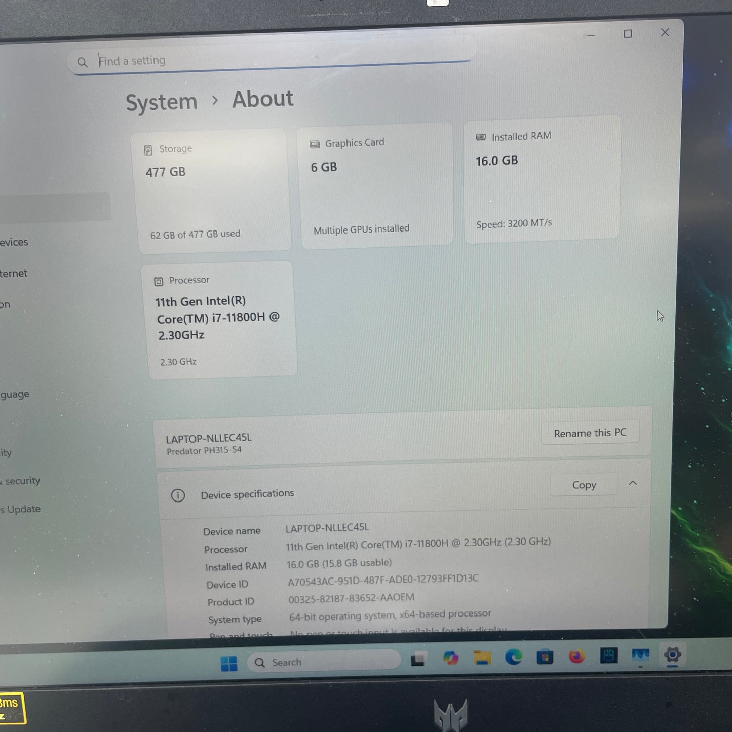 Acer Predator Helios 300 PH315-54 15.6" i7-11800H 2.3GHz 16GB RAM 512GB SSD 