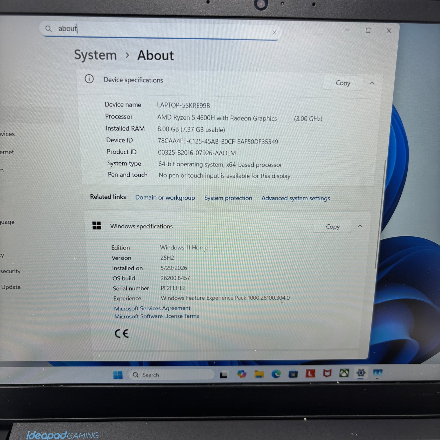 Lenovo IdeaPad Gaming 3 15ARH05 15.6" Ryzen 5 4600H 3.0GHz 8GB RAM 250GB SSD