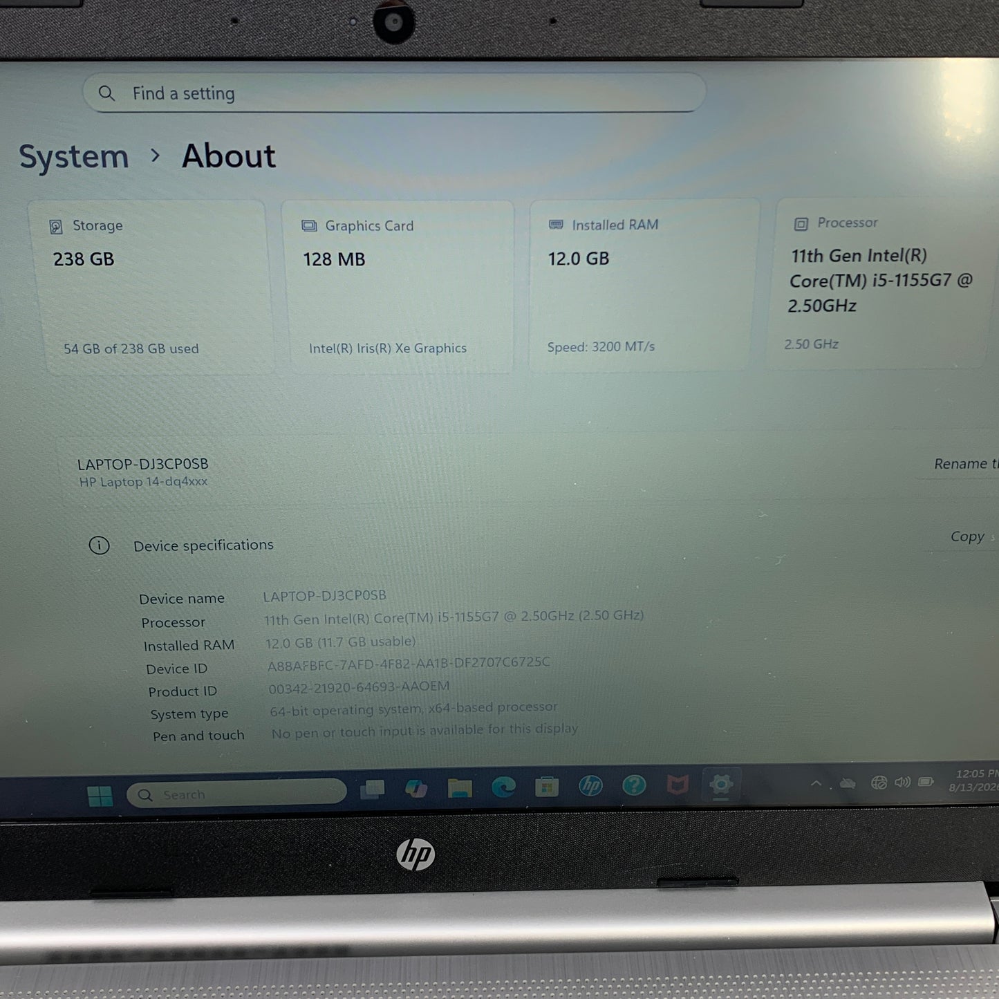 HP 14-dq4035cl DJ3CP0SB 14" i5-1155G7 2.5GHz 12GB RAM 256GB SSD