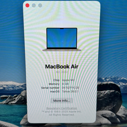 2022 Apple MacBook Air 13.6" M2 8C GPU 3.5GHz 8GB RAM 256GB SSD A2681