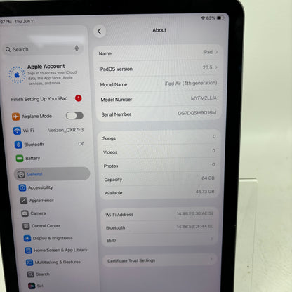 WiFi Only Apple iPad Air 4th Gen 64GB Silver MYFM2LL/A