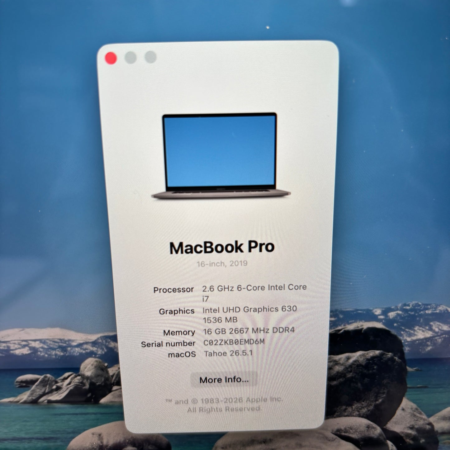 2019 Apple MacBook Pro 16" i7 2.6GHz 16GB RAM 512GB SSD Silver A2141