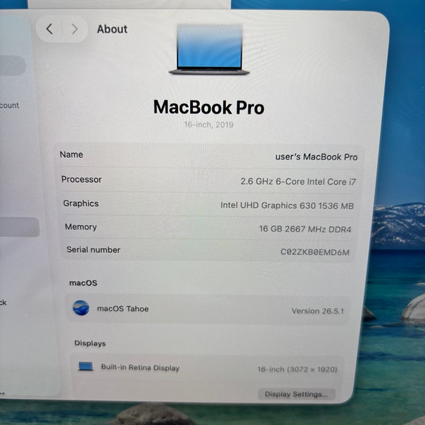2019 Apple MacBook Pro 16" i7 2.6GHz 16GB RAM 512GB SSD Silver A2141