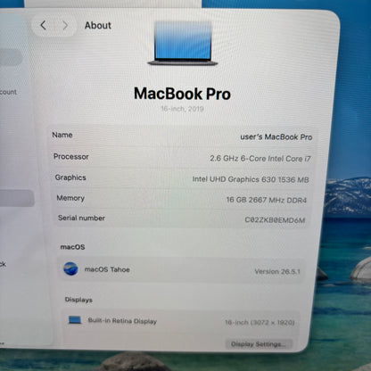 2019 Apple MacBook Pro 16" i7 2.6GHz 16GB RAM 512GB SSD Silver A2141