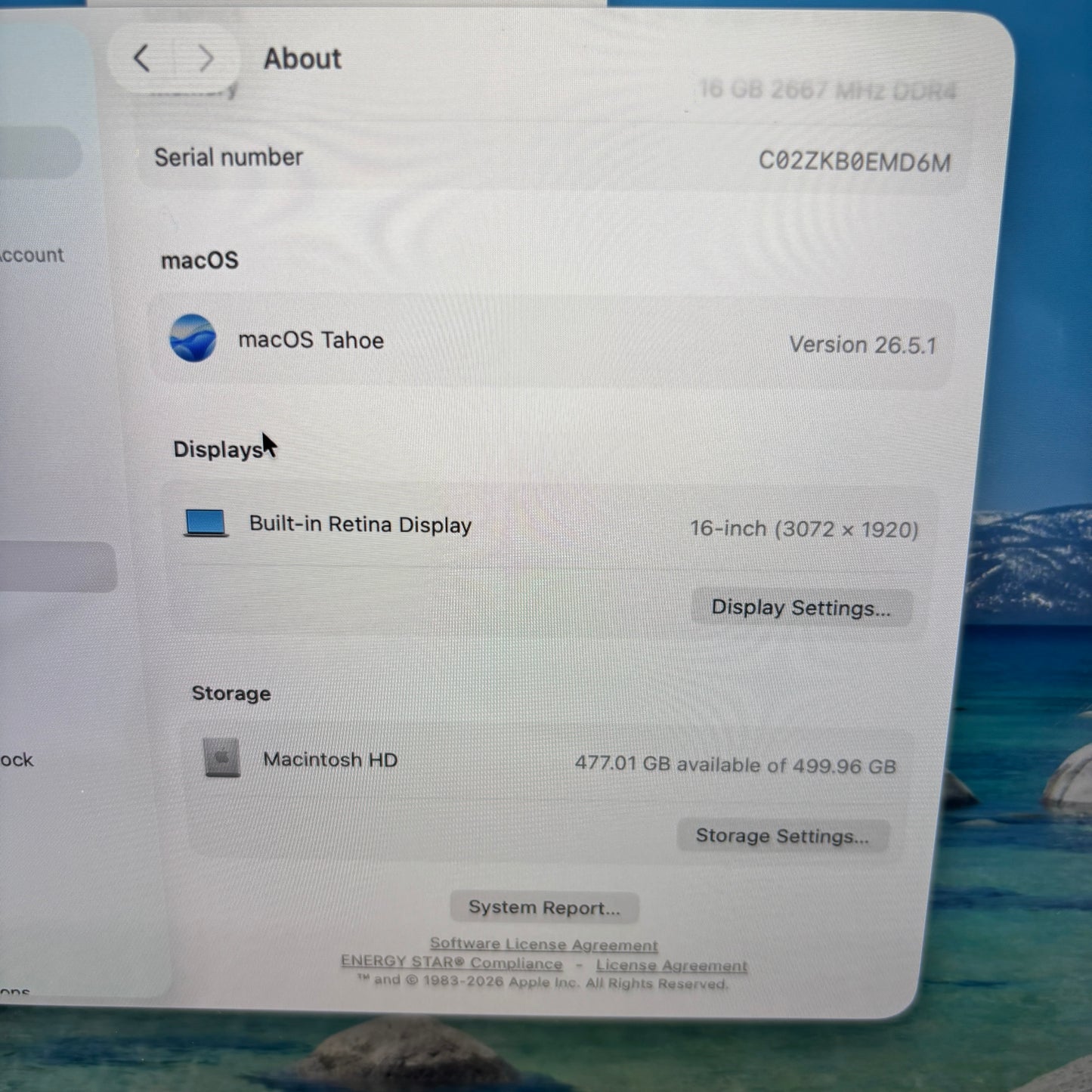 2019 Apple MacBook Pro 16" i7 2.6GHz 16GB RAM 512GB SSD Silver A2141