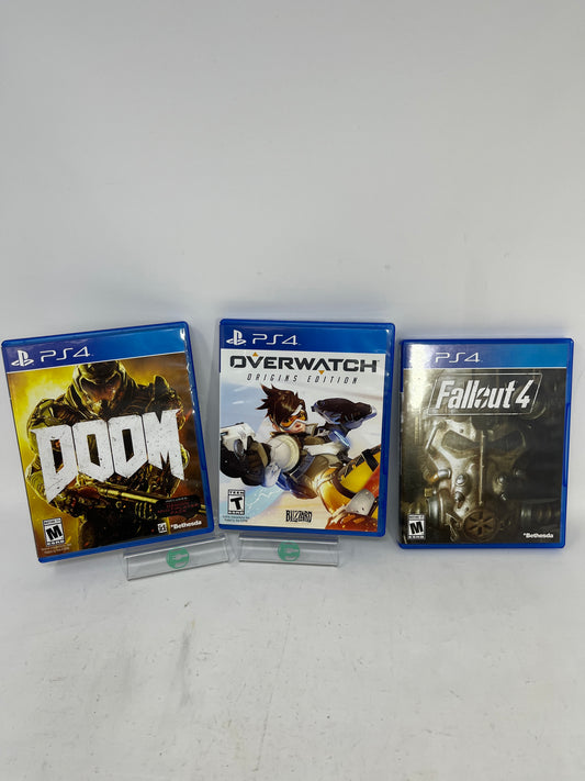 Lot of 3 Sony PlayStation 4 PS4 Doom, Overwatch Origins Edition & Fallout 4 Games