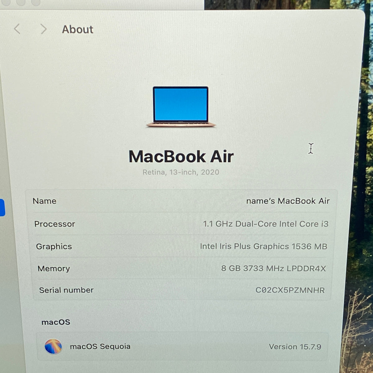 2020 Apple MacBook Air 13.3" i3 1.1GHz 8GB RAM 256GB SSD Gold A2179