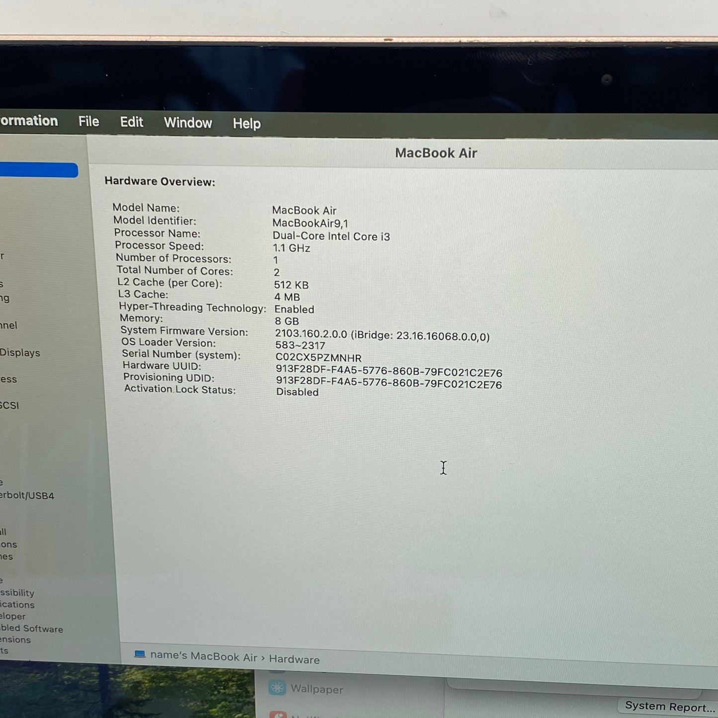 2020 Apple MacBook Air 13.3" i3 1.1GHz 8GB RAM 256GB SSD Gold A2179