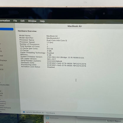 2020 Apple MacBook Air 13.3" i3 1.1GHz 8GB RAM 256GB SSD Gold A2179