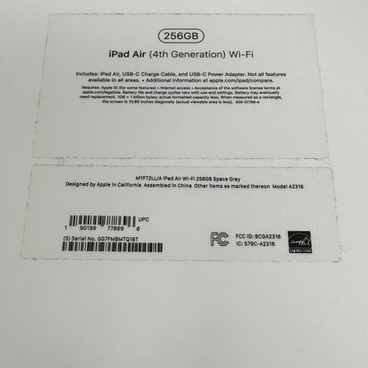 WiFi Only Apple iPad Air 4th Gen 256GB Space Gray MYFT2LL/A