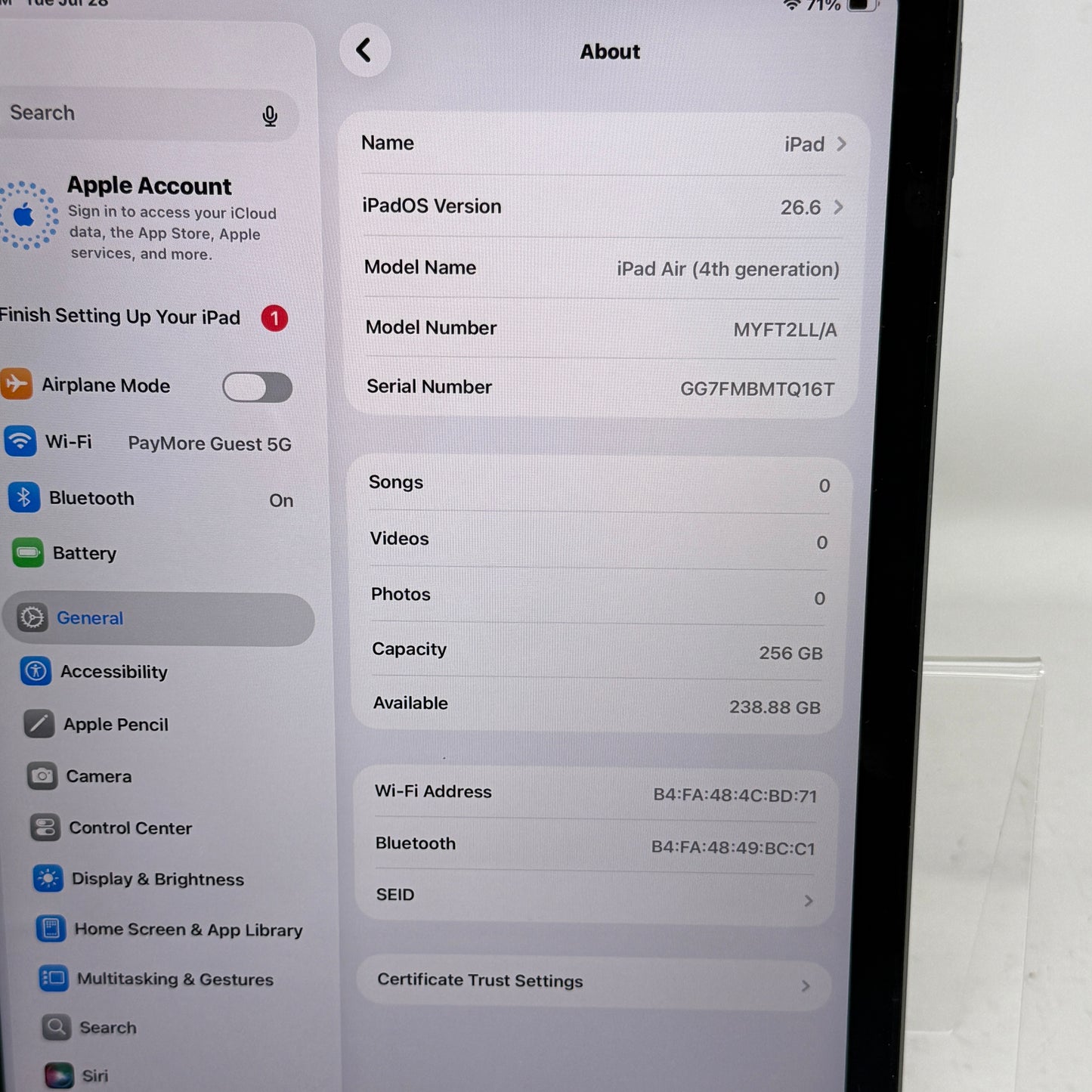 WiFi Only Apple iPad Air 4th Gen 256GB Space Gray MYFT2LL/A