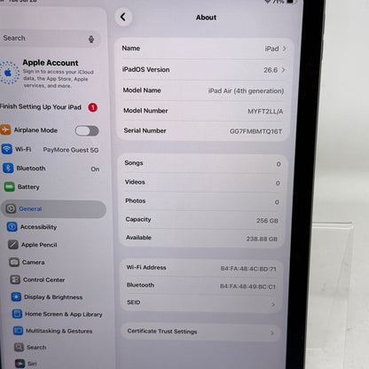 WiFi Only Apple iPad Air 4th Gen 256GB Space Gray MYFT2LL/A