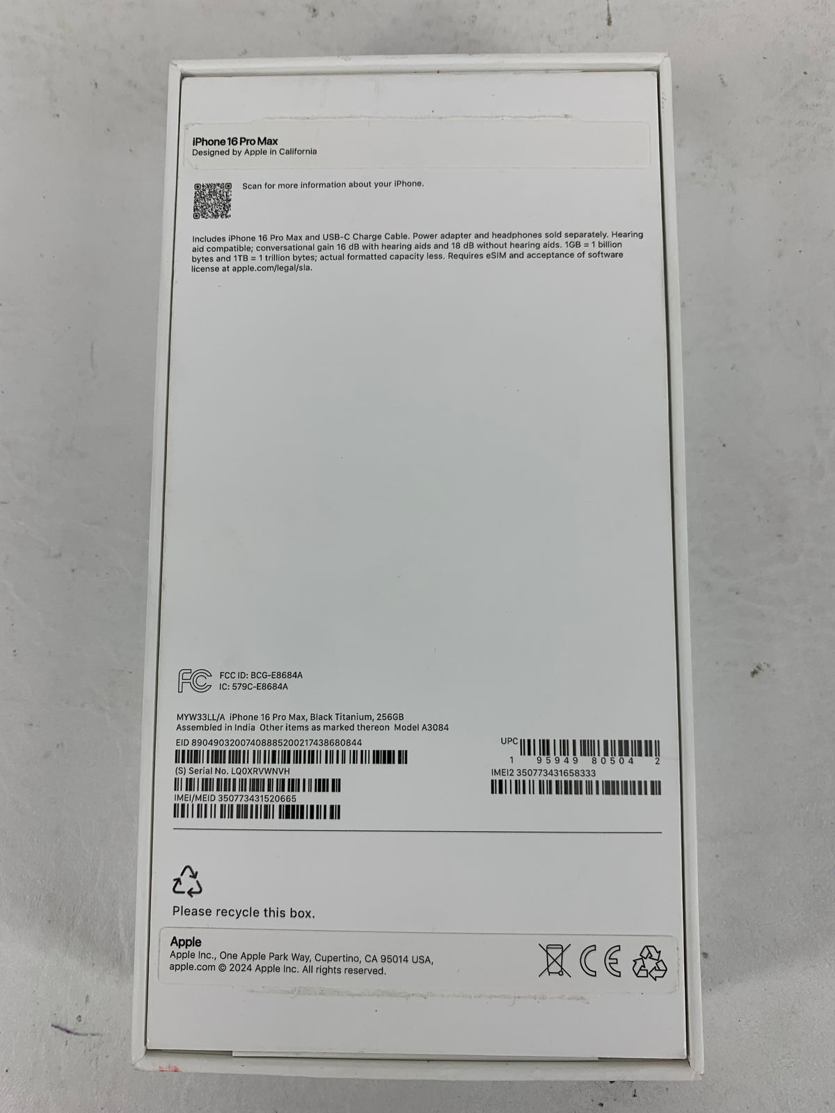 Factory Unlocked Apple iPhone 16 Pro Max 256GB Black Titanium MYW33LL/A