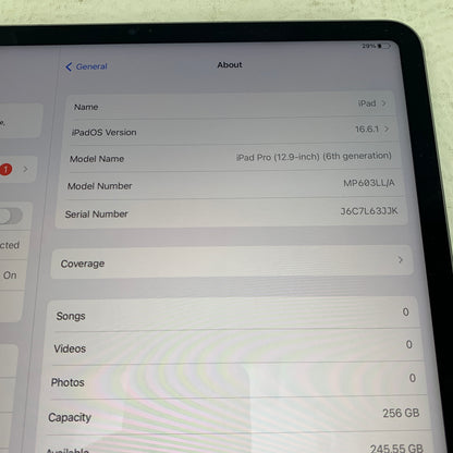 WiFi Only Apple iPad Pro 12.9" 6th Gen 256GB Space Gray MP603LL/A