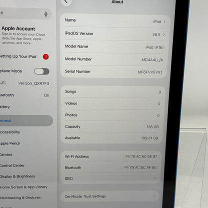 WiFi Only Apple iPad 11" (A16) 128GB Blue MD4A4LL/A