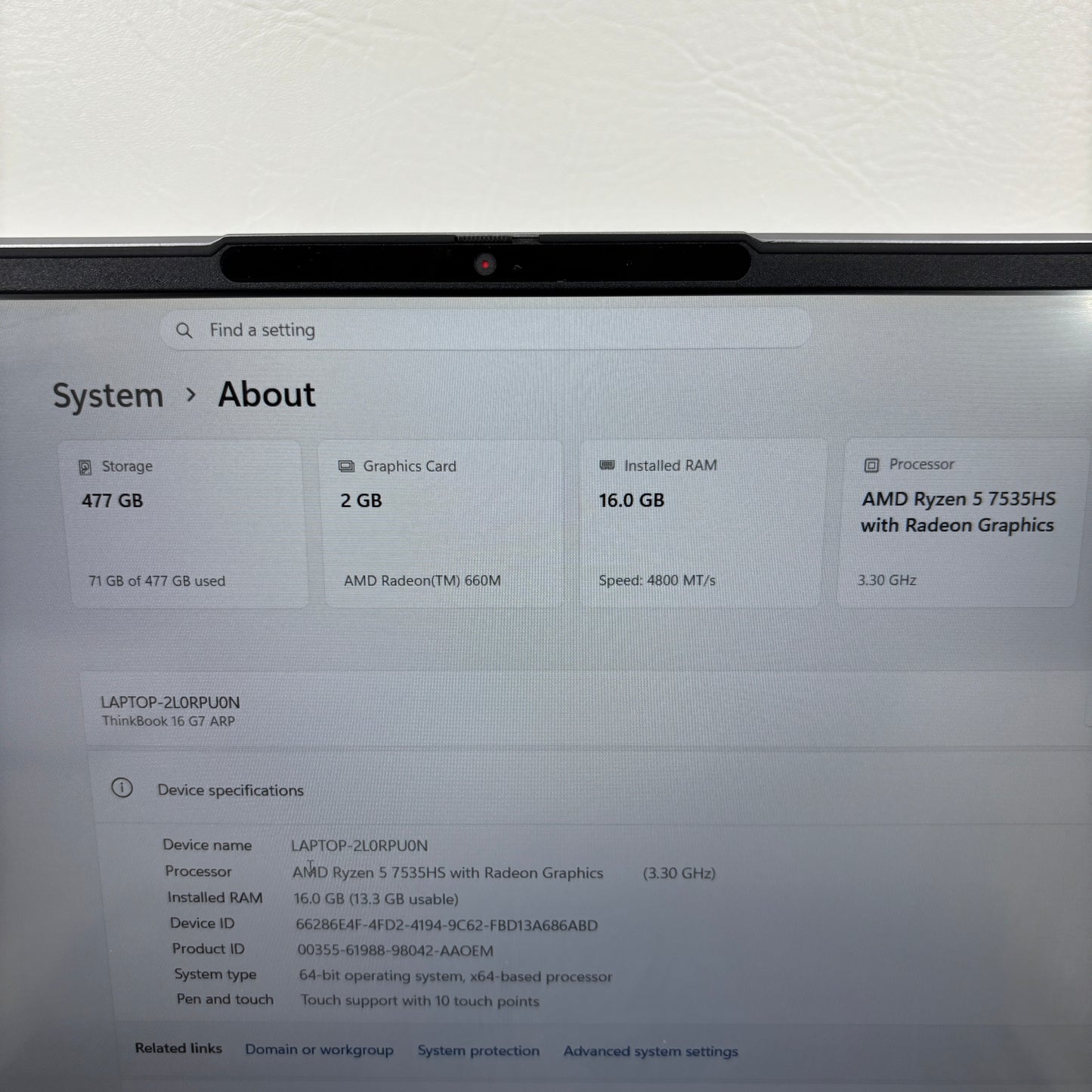 Lenovo Thinkbook 16 Gen 7 ARP 21MW0002US 16" Ryzen 5 7535HS 3.3GHz 16GB RAM 512GB SSD