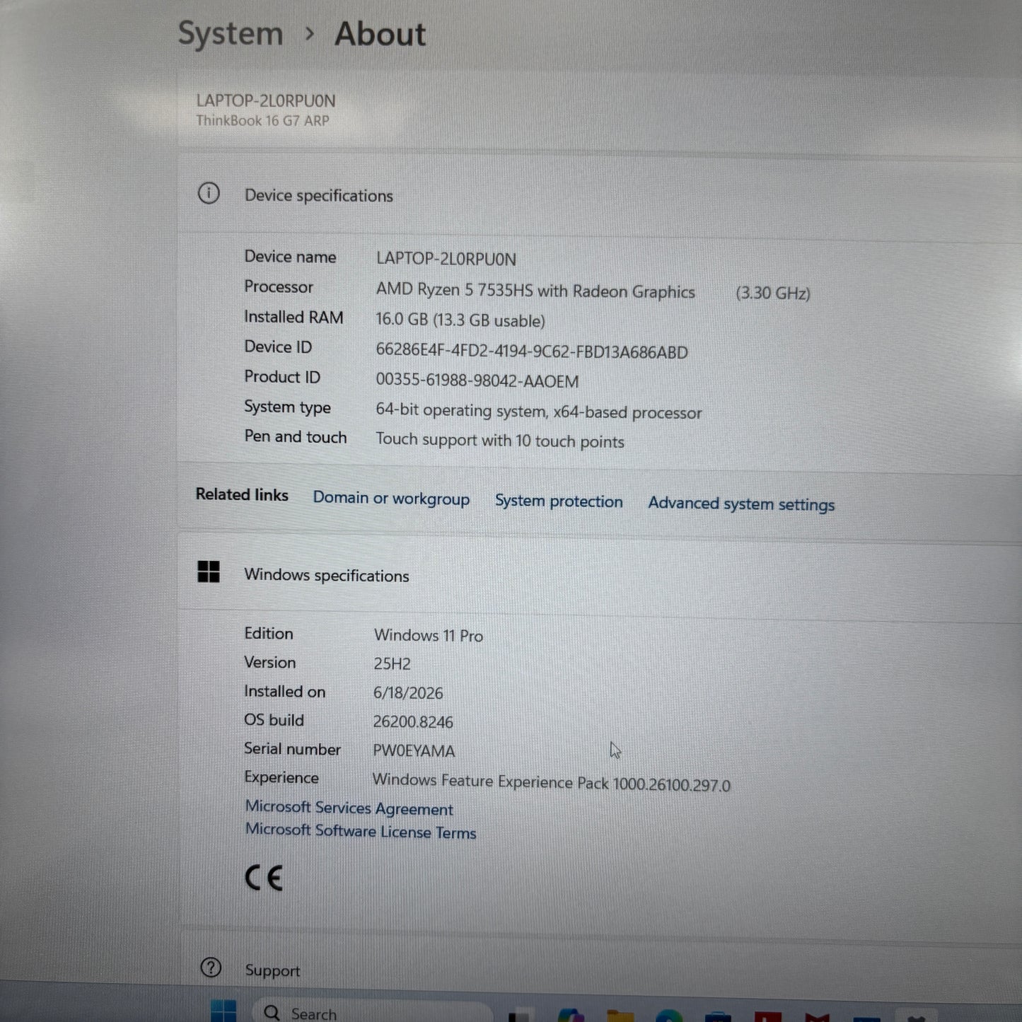 Lenovo Thinkbook 16 Gen 7 ARP 21MW0002US 16" Ryzen 5 7535HS 3.3GHz 16GB RAM 512GB SSD