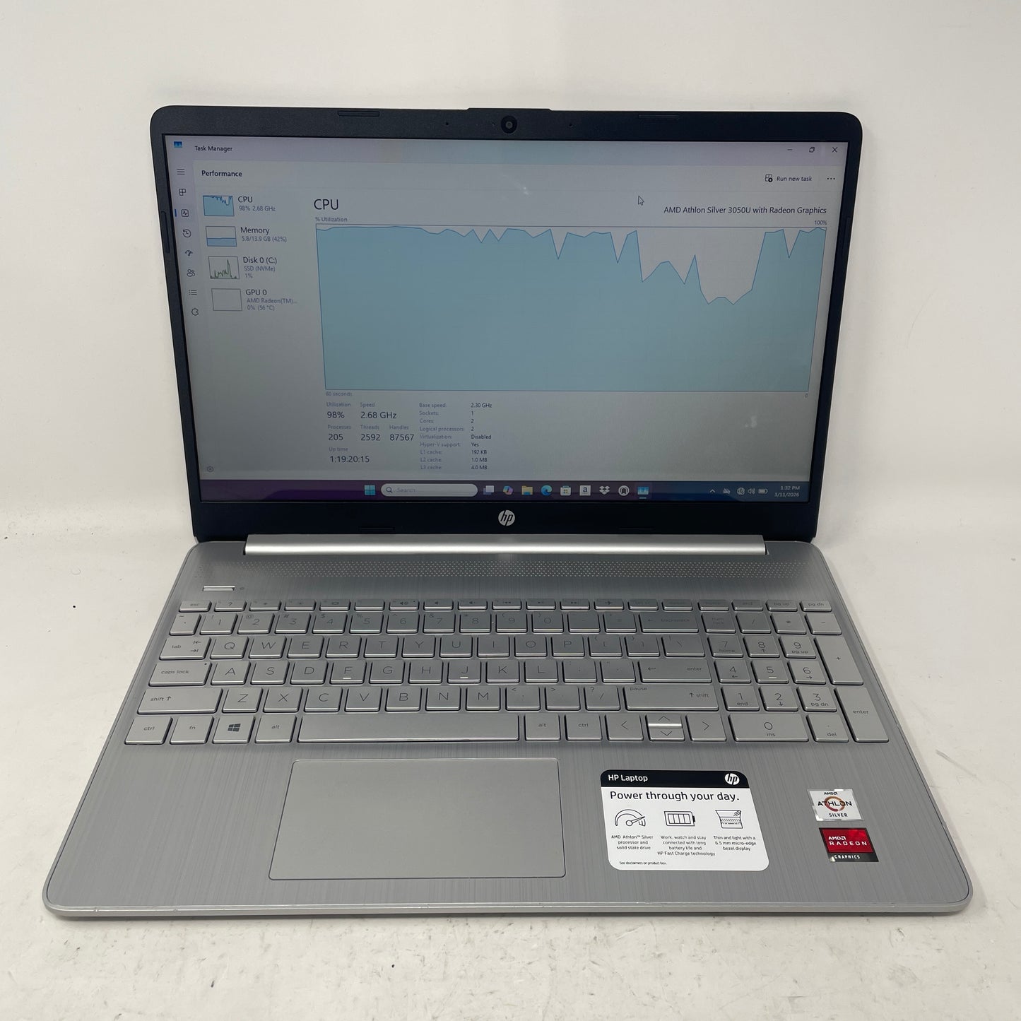 HP Laptop 15-EFL1081NR 15.6" Athlon Silver 3050U 2.3GHz 16GB RAM 256GB SSD