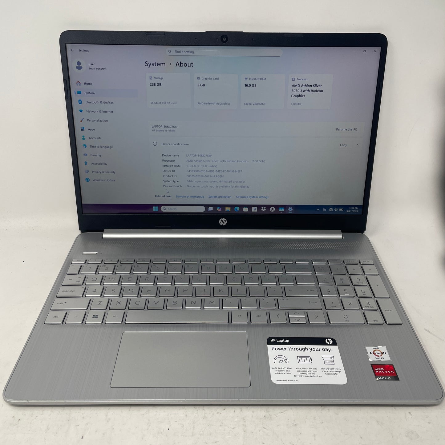 HP Laptop 15-EFL1081NR 15.6" Athlon Silver 3050U 2.3GHz 16GB RAM 256GB SSD