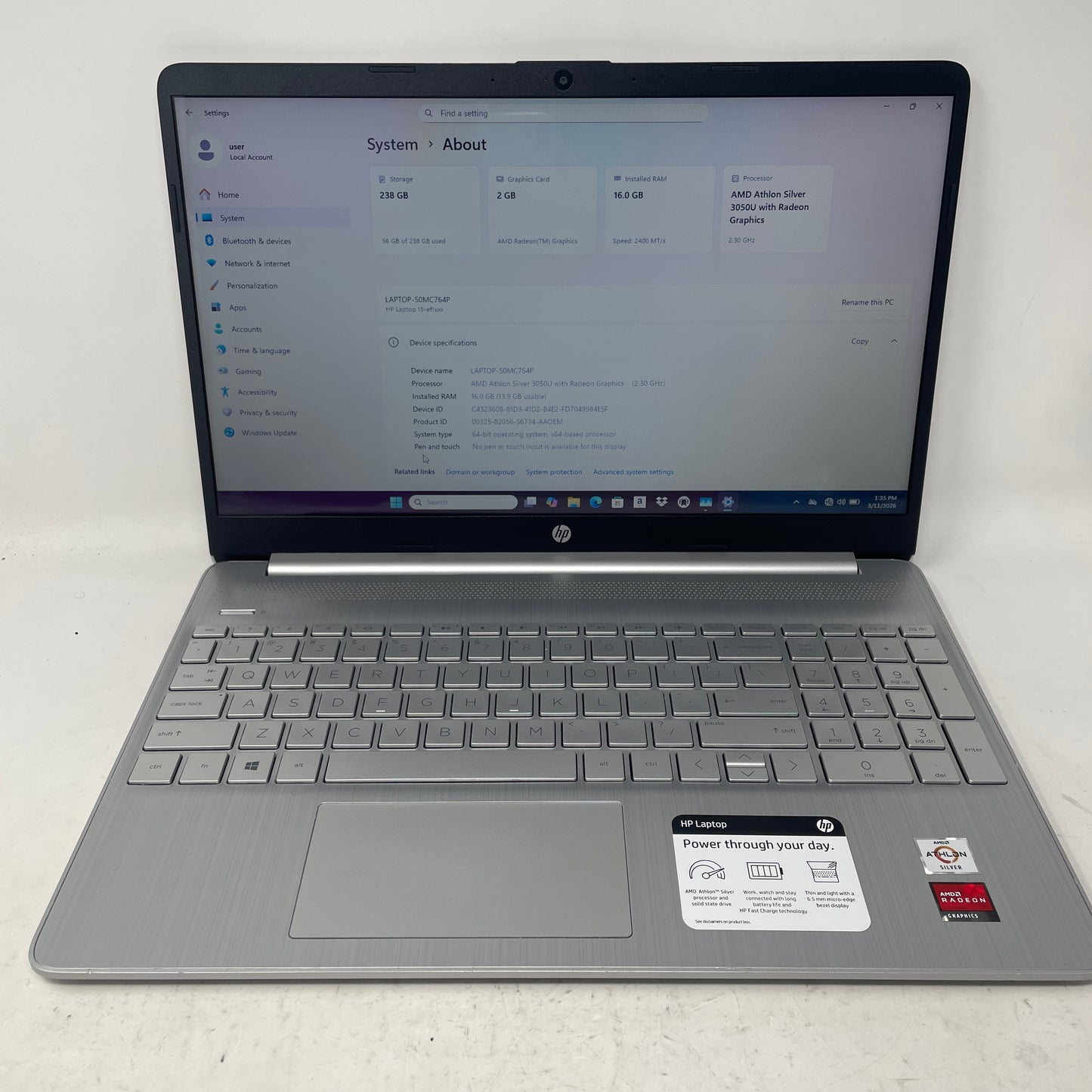 HP Laptop 15-EFL1081NR 15.6" Athlon Silver 3050U 2.3GHz 16GB RAM 256GB SSD