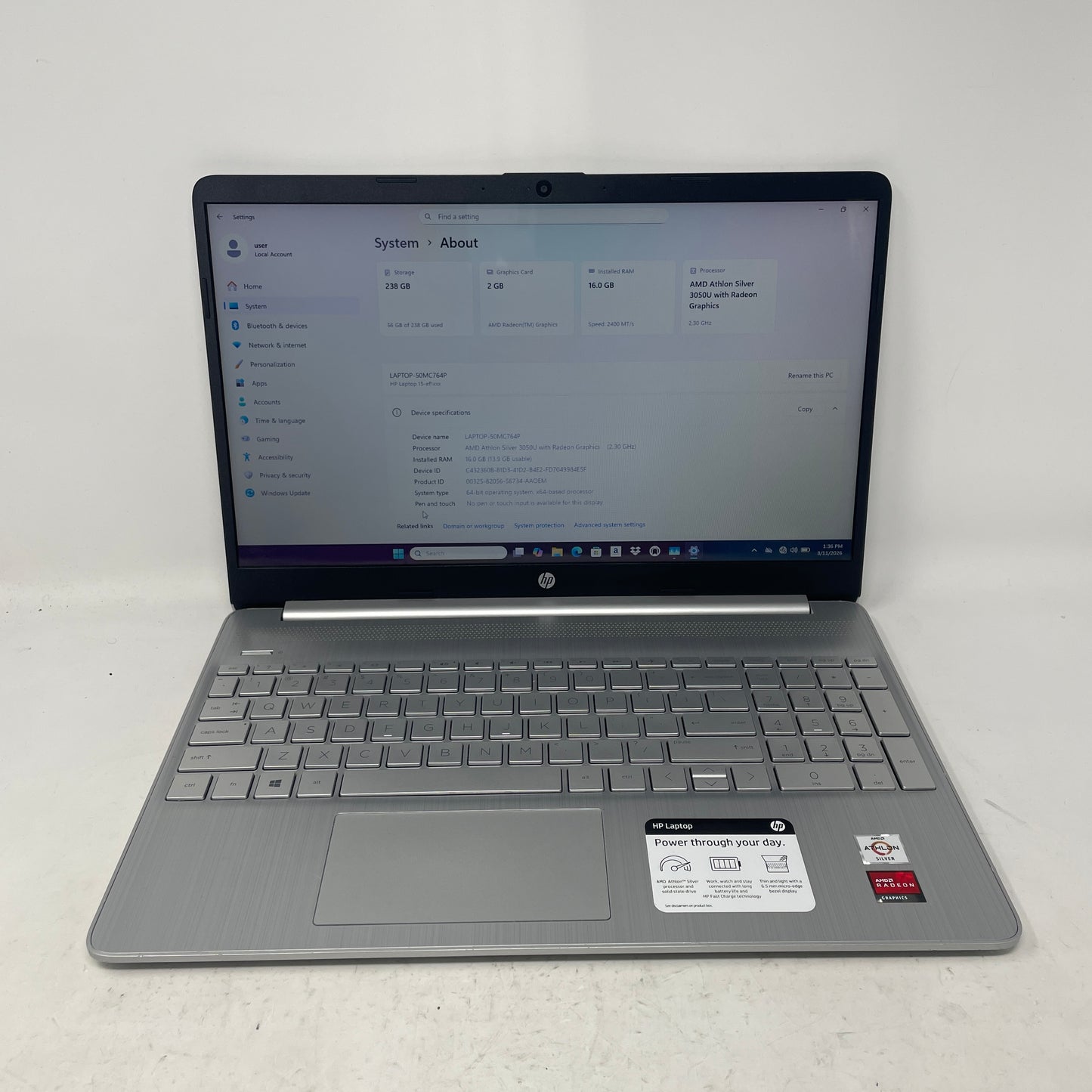 HP Laptop 15-EFL1081NR 15.6" Athlon Silver 3050U 2.3GHz 16GB RAM 256GB SSD
