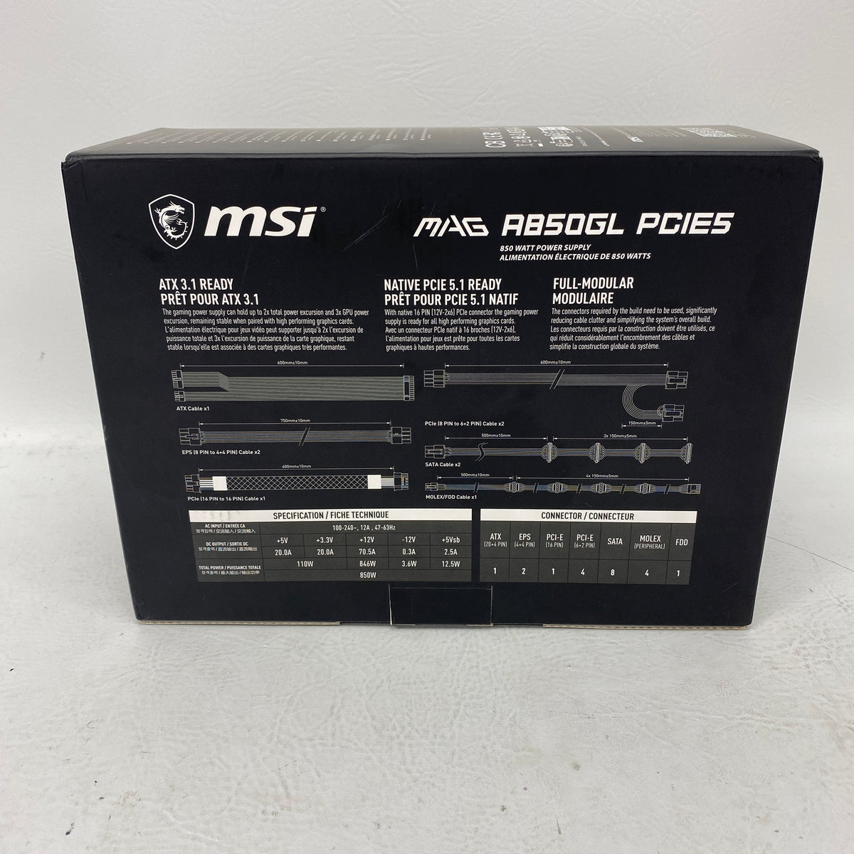 New MSI MAG A850GL PCIE5 850W Power Supply 80+ Gold Fully Modular ATX 