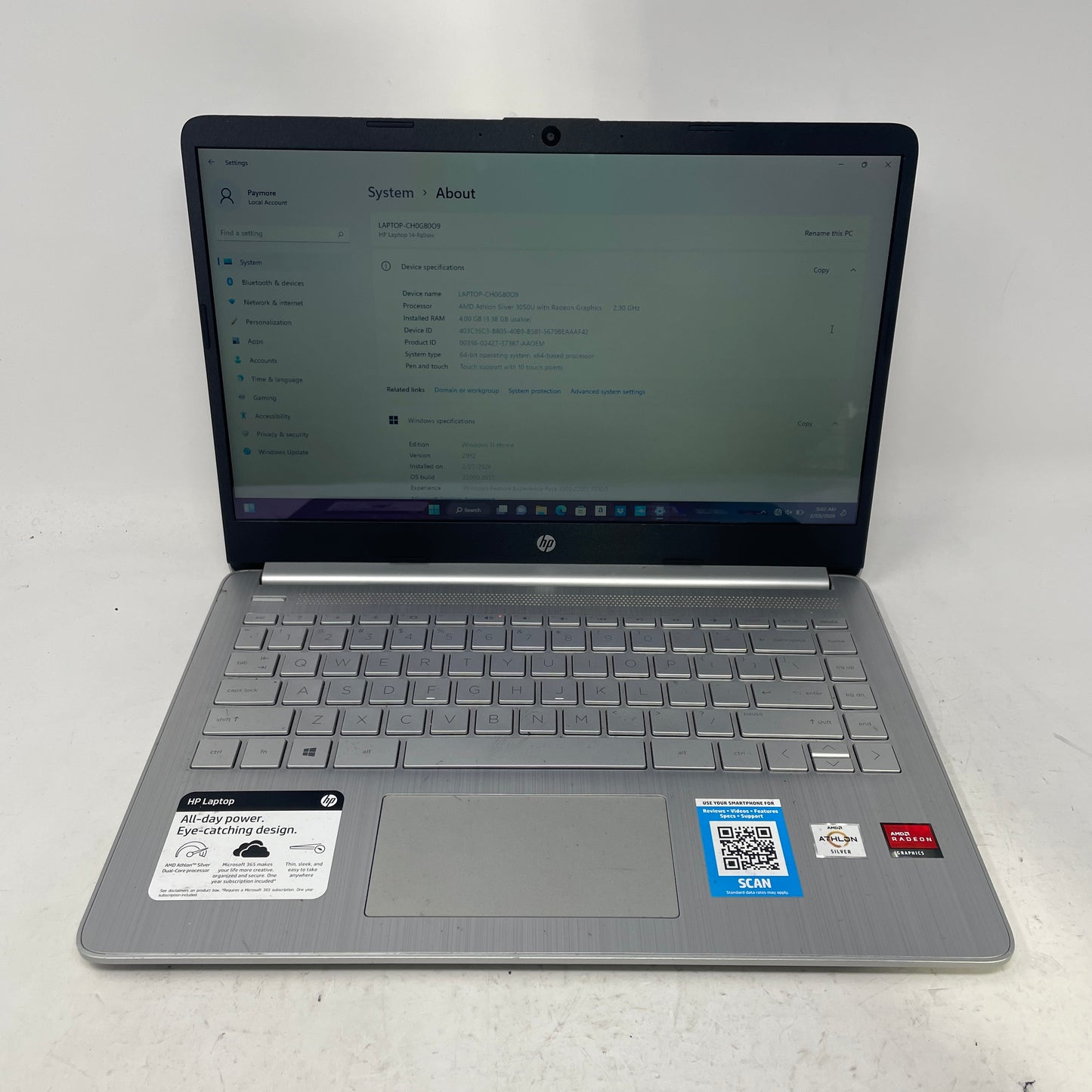 HP Laptop 14-FQ0057NR Athlon Silver 3050U 2.3GHz 4GB RAM 64GB SD