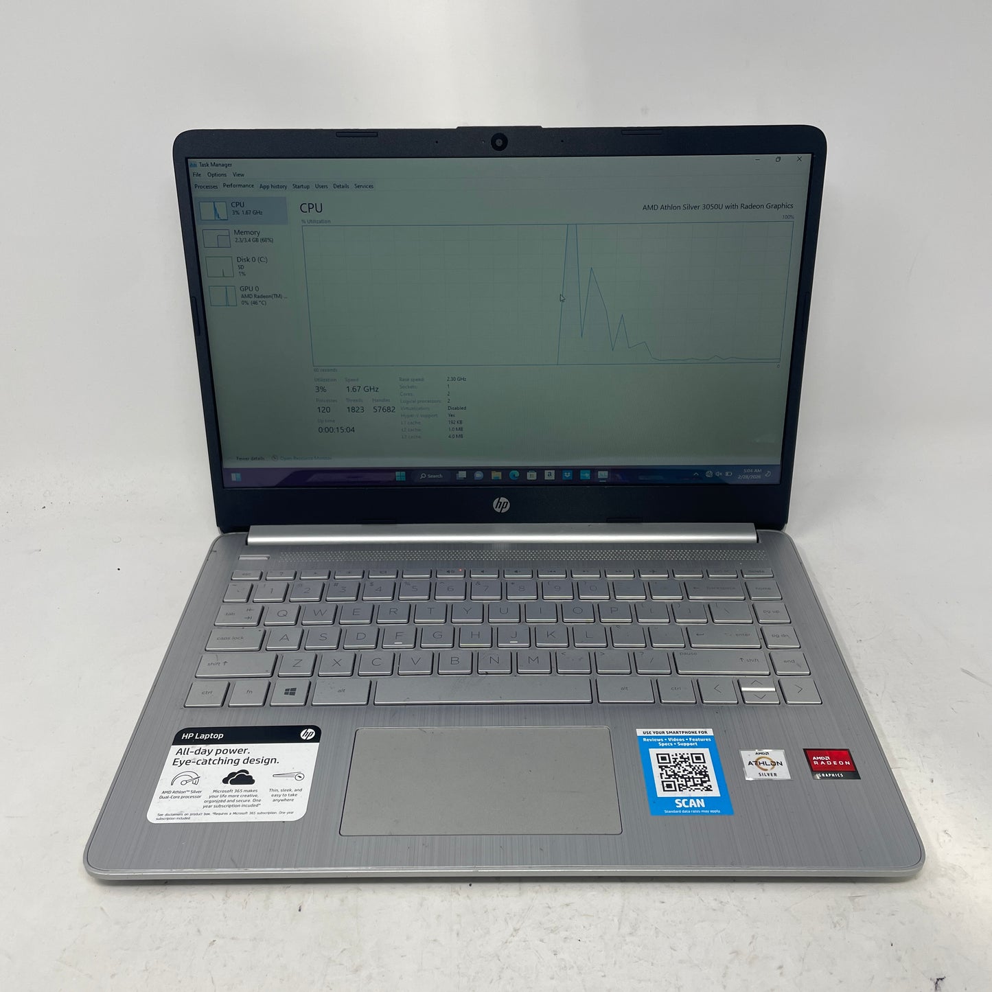 HP Laptop 14-FQ0057NR Athlon Silver 3050U 2.3GHz 4GB RAM 64GB SD