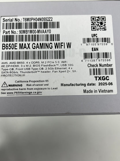New Asus B650E MAX GAMING WIFI W AM5 ATX AMD DDR5 Motherboard