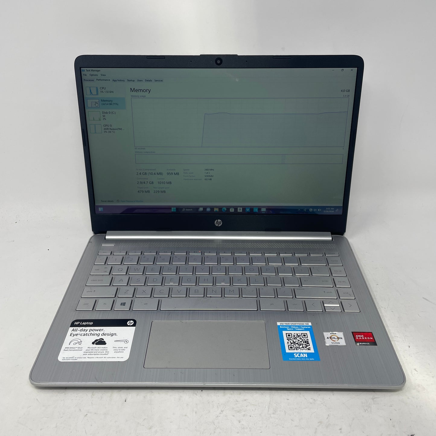 HP Laptop 14-FQ0057NR Athlon Silver 3050U 2.3GHz 4GB RAM 64GB SD