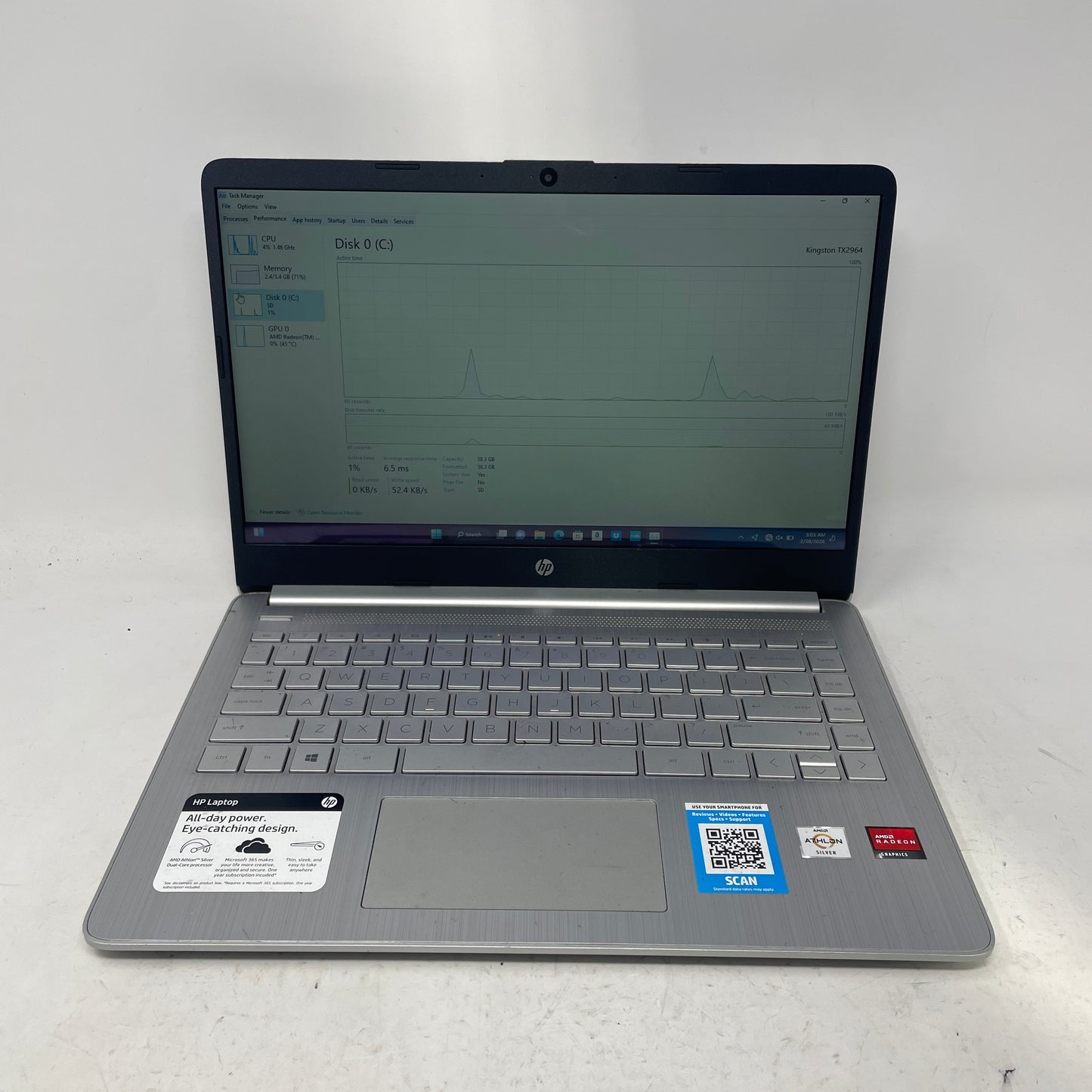 HP Laptop 14-FQ0057NR Athlon Silver 3050U 2.3GHz 4GB RAM 64GB SD