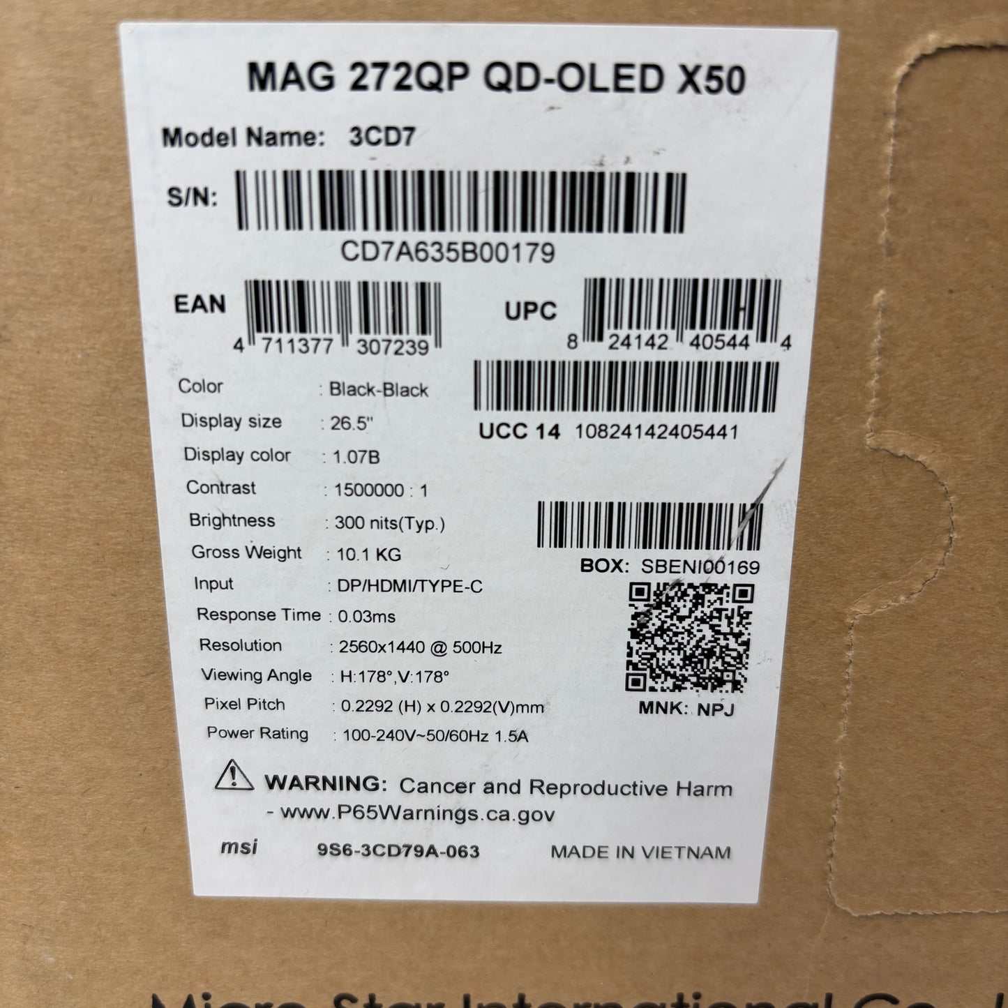 MSI MAG 272QP QD-OLED X50 27" 500Hz 0.03ms QHD Gaming Monitor HDMI DP USB Black
