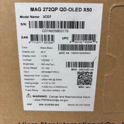 MSI MAG 272QP QD-OLED X50 27" 500Hz 0.03ms QHD Gaming Monitor HDMI DP USB Black
