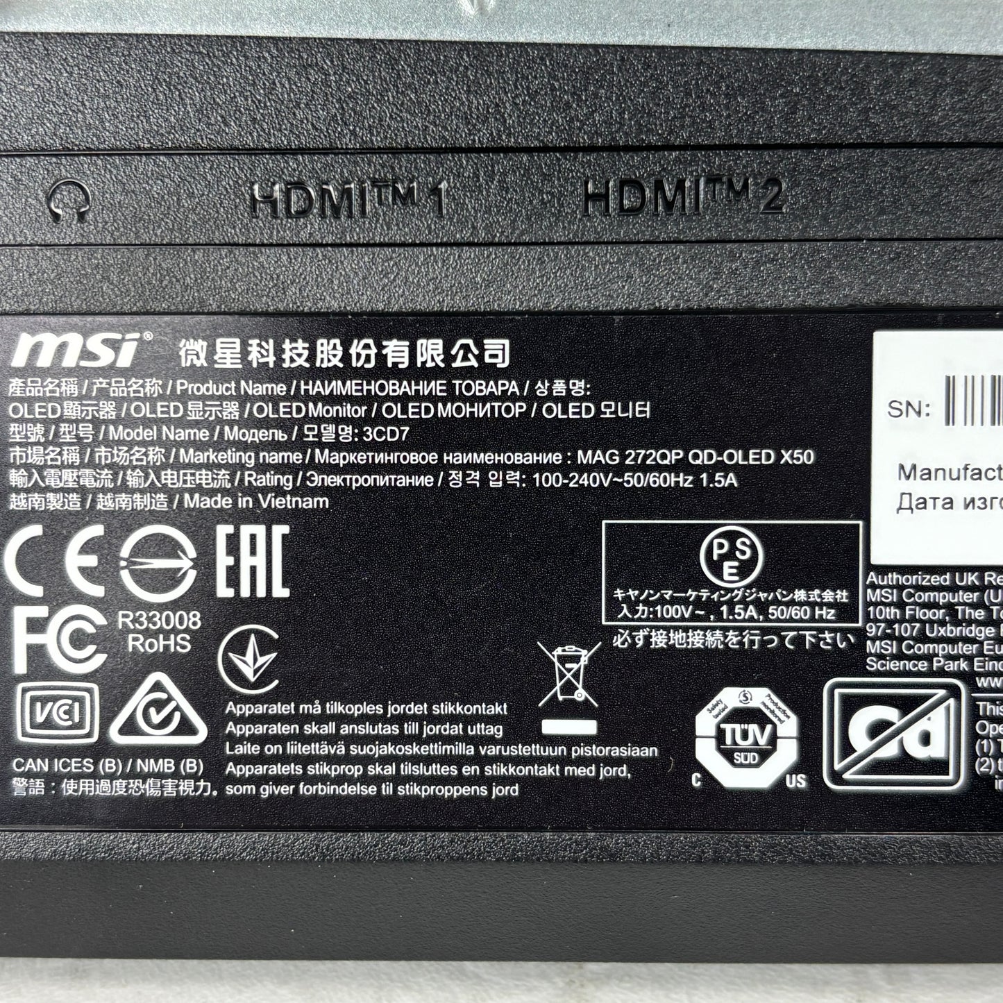 MSI MAG 272QP QD-OLED X50 27" 500Hz 0.03ms QHD Gaming Monitor HDMI DP USB Black