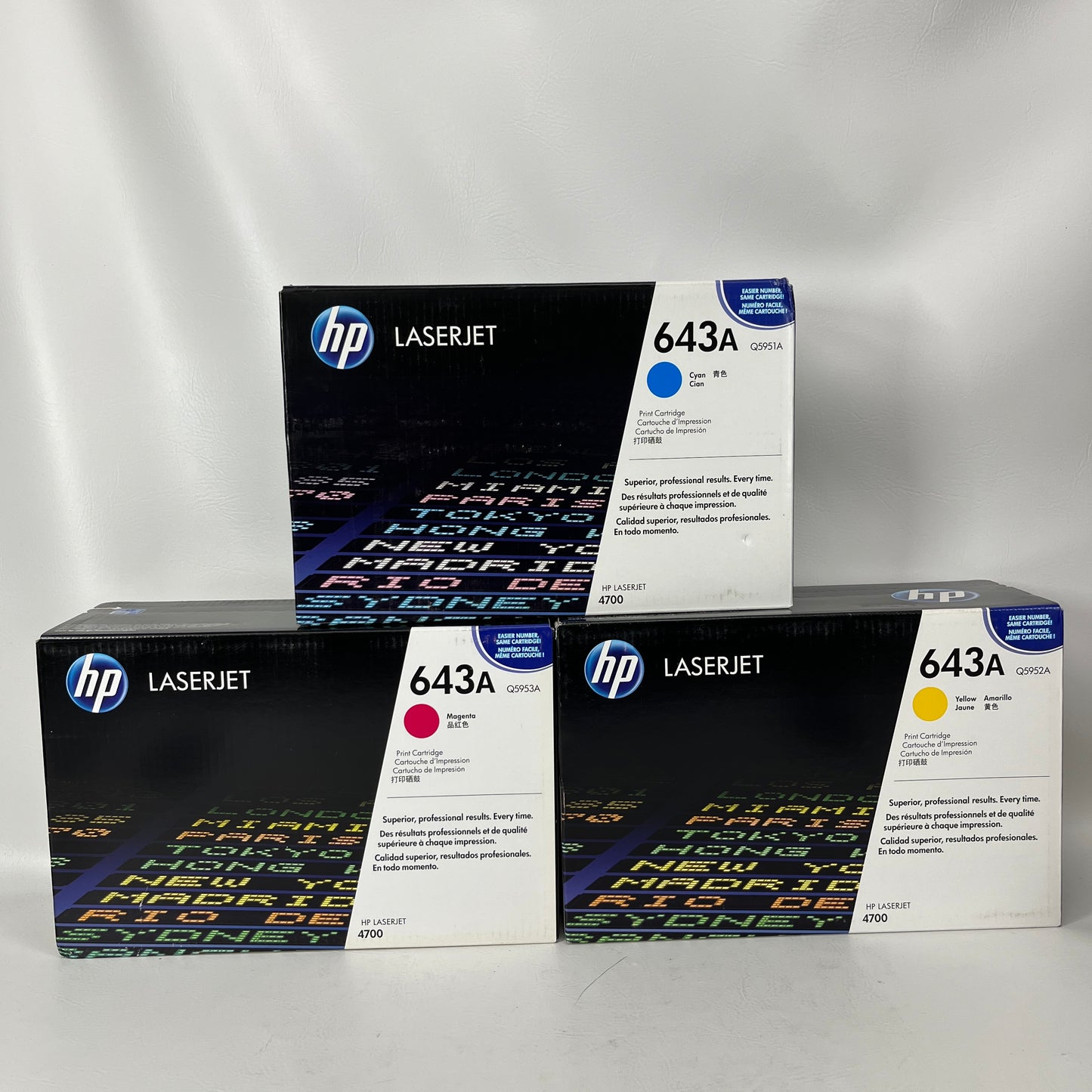 Set of  3 New HP Laserjet 643A Yellow/Cyan/Magenta Toner Cartridge Q5951A/Q5953A/Q5952A