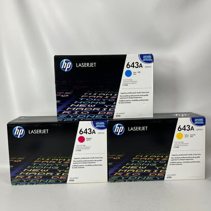 Set of  3 New HP Laserjet 643A Yellow/Cyan/Magenta Toner Cartridge Q5951A/Q5953A/Q5952A
