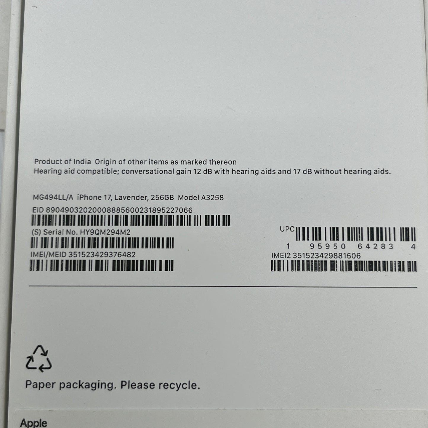 Factory Unlocked Apple iPhone 17 256GB Lavender MG494LL/A