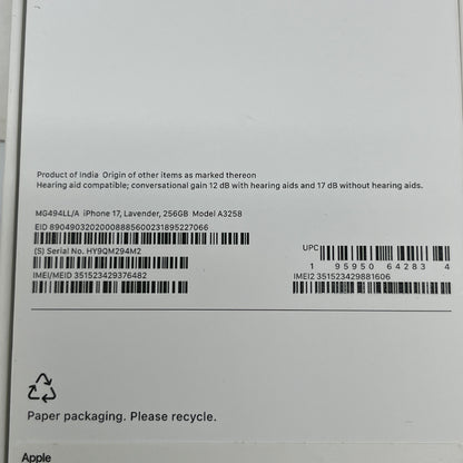 Factory Unlocked Apple iPhone 17 256GB Lavender MG494LL/A