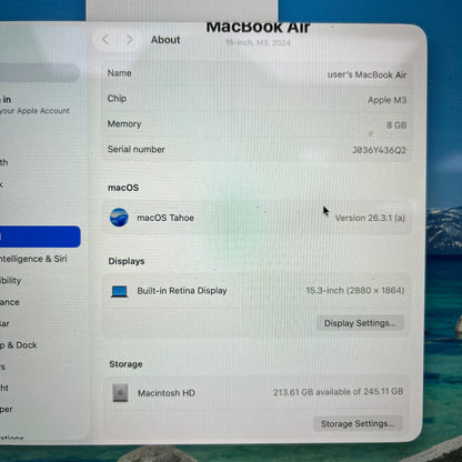 2024 Apple MacBook Air 15" M3 10C GPU 4.0GHz 8GB RAM 256GB SSD MRYU3LL/A